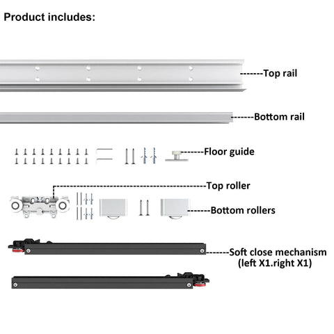 Concealed Sliding Barn Door Hardware With Soft Close, Trackless Wall-Mount System For 40 Inch To 44 Inch Openings components