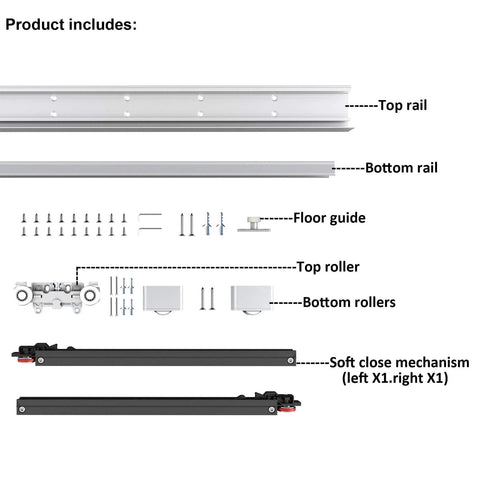 Concealed Trackless Sliding Barn Door Hardware Kit With Soft Close, includes rails, rollers, floor guide, soft close mechanism