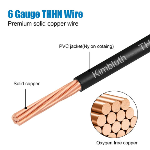 6 Gauge THHN Copper Wire 50 Ft Stranded Cable With Nylon Jacket Rated Up To 600V For Residential CNC Ground And Industrial Use close-up of stranded copper core and nylon jacket
