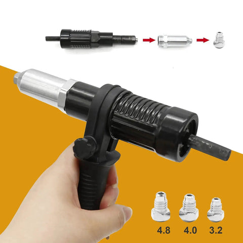 Person holding Pop Rivet Gun Adapter Kit For Cordless Drill Pro Grade Rivet Drill Attachment with interchangeable heads shown.
