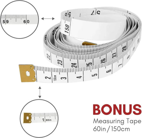 Close-up of a 60-inch/150cm measuring tape showing 6-inch and 150cm marks, with a brass end, labeled as a bonus item.