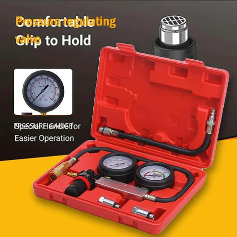 Cylinder Leak Down Tester Kit For Cars, Trucks And Motorcycles With Dual Gauge TU-21 in red case, showing gauge and hoses.