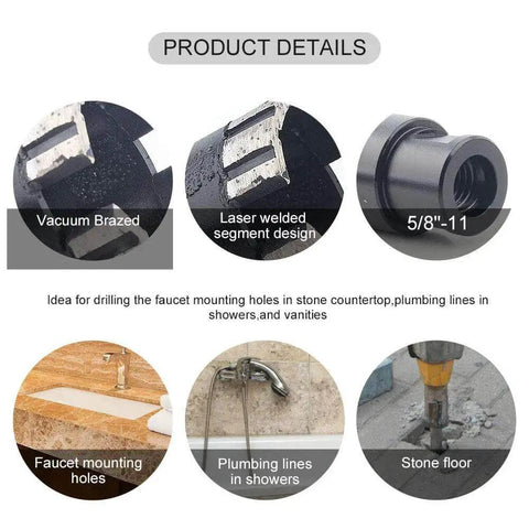 Product details showing One And Three Eighths Inch Dry Diamond Core Drill Bit With Five Eighths Eleven Thread for stone and plumbing work