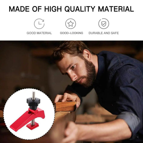 Red Aluminum T Track Hold Down Clamp for Woodworking, heavy duty workholding tool, ergonomic grip, featured beside woodworker in shop.