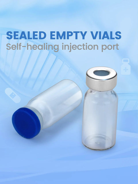 Two 15ml glass vials with sealed caps; upright with silver cap and a blue cap vial beside, Amazon brand.