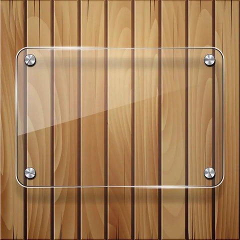 Glass panel mounted with Mirror Screw Decorative Cap Covers 10mm Brushed Stainless Steel Set of 4 on wooden surface.