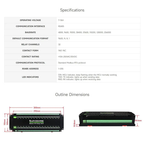 Specifications and dimensions of 32 Channel Modbus RTU Relay Module with RS485 Interface and Isolation Protection Circuits.