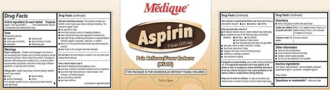 Aspirin 325 mg label showing drug facts, dosage, and safety information in a brown and beige design by Medique.