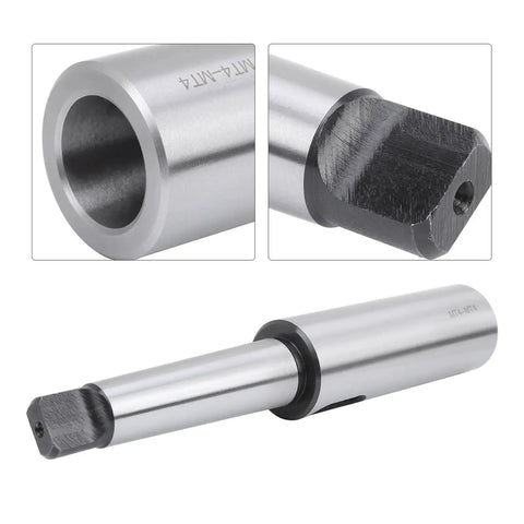 MT4 to MT4 taper drill sleeve reducing adapter in silver metal; bore and end detail visible.