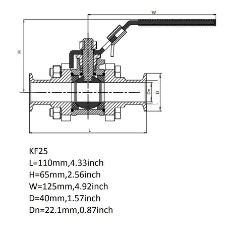 QiiMii KF-25 stainless steel 304 vacuum ball valve with clamp and locking device, cross-section diagram