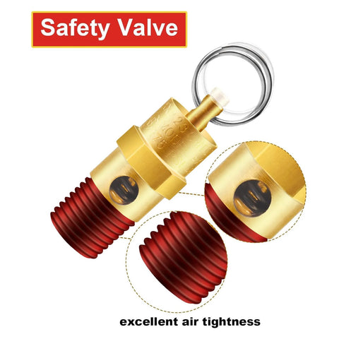 Two brass 1/4'' NPT air compressor safety relief valves with red threaded ends, 175 PSI.