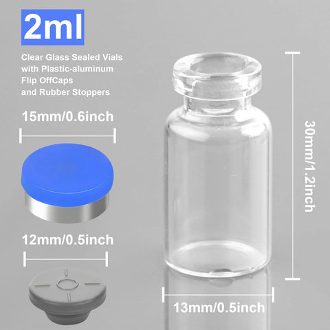 2 ml clear glass vial with blue plastic-aluminum flip-cap and rubber stopper.