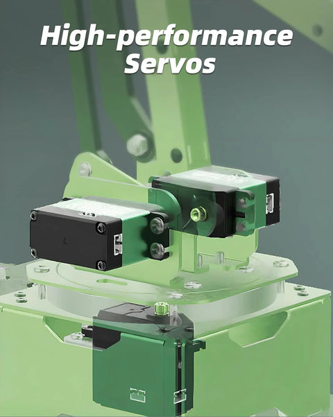 Robotic arm kit LewanSoul MaxArm for Arduino; green frame with bus servo units and suction nozzle