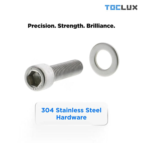 304 stainless steel bolt and washer with text 'Precision. Strength. Brilliance.' and '304 Stainless Steel Hardware'