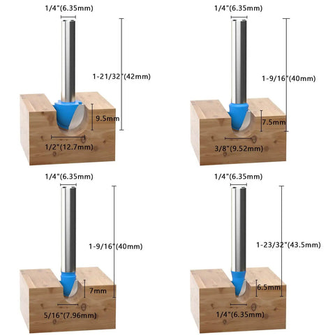 Core Box Router Bit Set For Woodworking With Solid Carbide Double Flute Round Nose, Eight Piece Kit, 1/4 Inch Shank Sizes