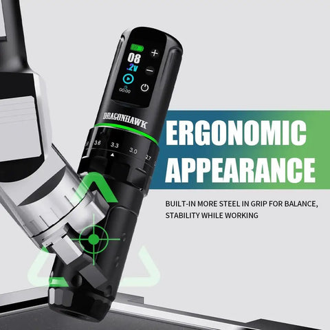 Dragonhawk L3 tattoo pen; angled side view, cordless black device with green ring and digital display.