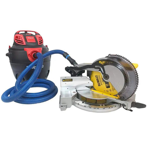 Antistatic Vacuum Hose With Non Snag Protective Wrap And Heavy Duty Multi Brand Power Tool Adapter Set in use with shop vac
