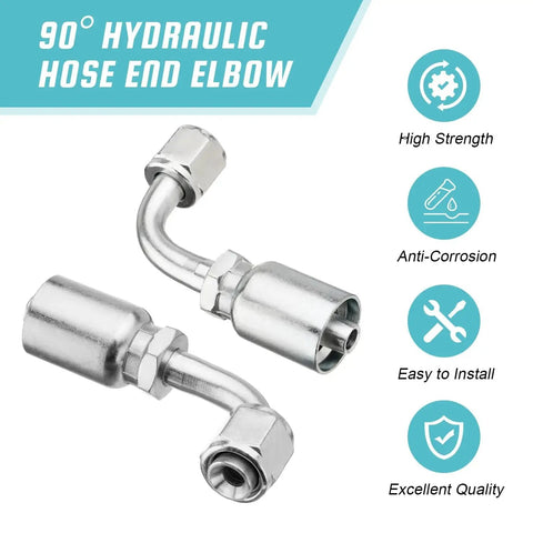 90 degree hydraulic hose end elbow displaying two fittings, emphasizing high strength and anti-corrosion features for durability.