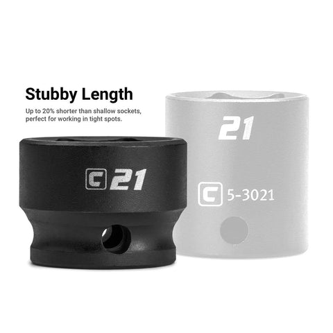 Eleven Millimeter Stubby Impact Socket With Three Eighths Inch Drive Six Point Metric Twenty Percent Shorter For Tight Spots Heat Treated Chrome Molybdenum Steel For High Torque Manganese Phosphate Coated For Extra Durability displayed in front view against a white background highlighting stubby length.