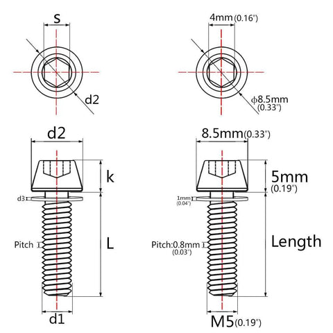 Technical diagram of Titanium Bicycle Stem Bolts With Washers Rainbow Finish M5x18mm highlighting dimensions and design features