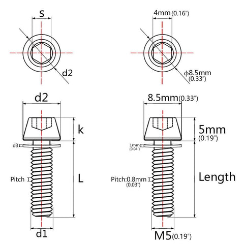 Technical drawing of Rainbow Titanium Alloy M5x16mm 18mm Tapered Head Allen Hex Bolt with dimensions for bike stem.