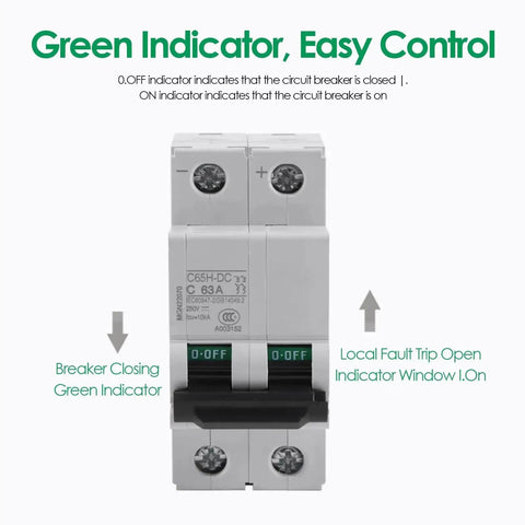 Two Pole 250V DC Miniature Circuit Breaker For Solar PV And Grid Systems DIN Rail Mount Quick Trip DC Breaker 63A front view