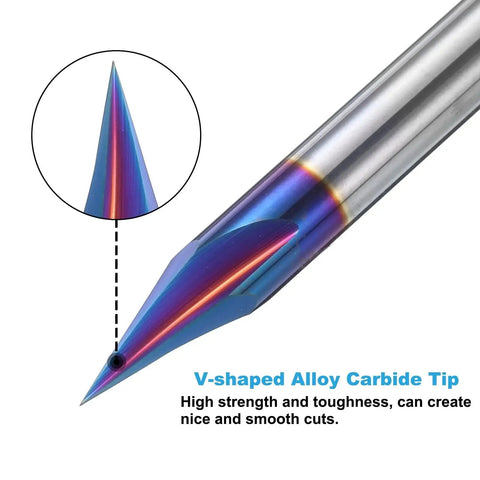 Close-up of V Groove Engraving Router Bits For CNC 30 Degree 3 Flutes One Quarter Inch Shank Nano Coated Carbide End Mill tip.