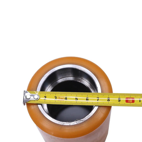 Poly Load Wheel Assembly 813014 Replacement For Crown Electric Pallet Jack WP 2300 WP 3000 showing 2.1 Inch ID and tape measure
