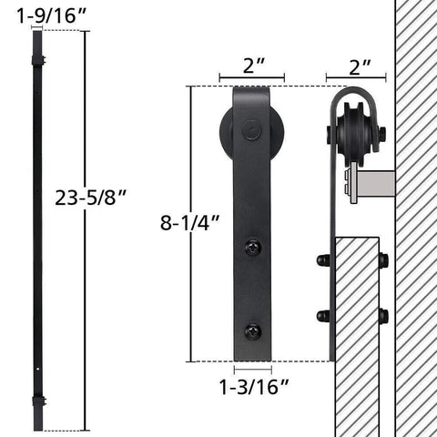 Dimensions and close-up of Heavy Duty Bypass Barn Door Hardware Kit For Cabinets And Closets, Two Foot Track System Built Like A Tank.