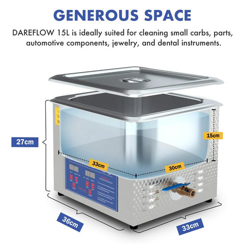 Amazon 15L stainless steel heated ultrasonic cleaner with lid open, front control panel, and drain valve.