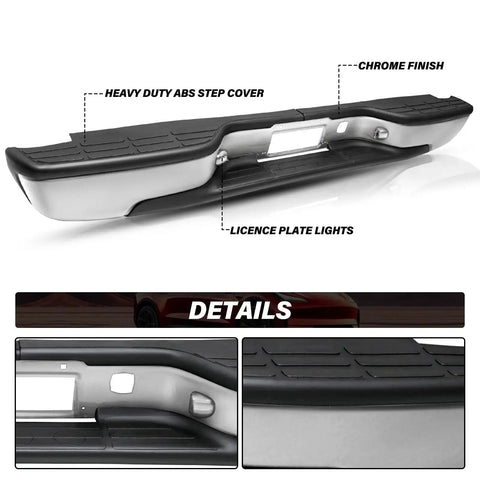 Chrome Rear Step Bumper Assembly Silverado and Sierra 1999 To 2007 Classic with license plate lights and heavy-duty ABS cover.