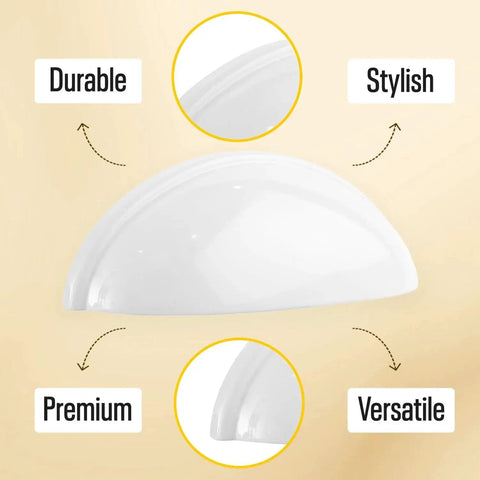 White Cup Drawer Pulls 3 Inch, 10 Pack Cabinet Handles, close-up of white metal cup pull highlighting durability and stylish design.