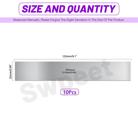 Premium 10 Pcs 304 Stainless Steel Shim Stock Kit Swpeet 1 Inch Wide 6 Inch Long 0.006 Inch Thick Thin Metal Shims Strips For Gap Filling Cabinet Adjustments Precision Crafting size graphic showing dimensions.