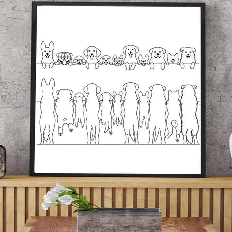 Wall art featuring line drawings of various dog breeds in a minimalist style, perfect for dog lovers and home decor enthusiasts.