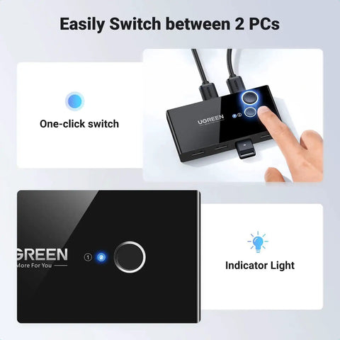Two In Four Out USB 3.0 Switcher For Two Computers With Four Shared USB Ports, one-click switch with indicator light