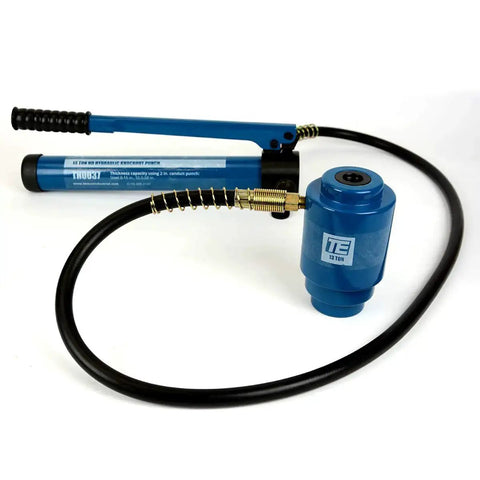 Heavy Duty Hydraulic Knockout Punch Kit for Electrical Conduit Holes, 4 Inch Size, 13 Ton Power, shown with blue hydraulic pump