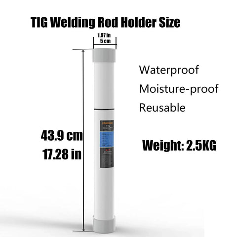 White waterproof TIG welding rod holder tube standing upright with dimensions and features highlighted.