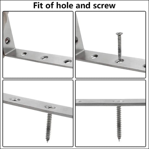 Close-up of Heavy Duty L Shaped Shelf Brackets Set showing screw fit in stainless steel corner braces holes.