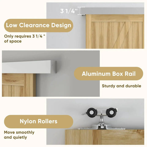 6Ft Sliding Barn Door Hardware Track Kit With Handles showing low clearance aluminum box rail and nylon rollers