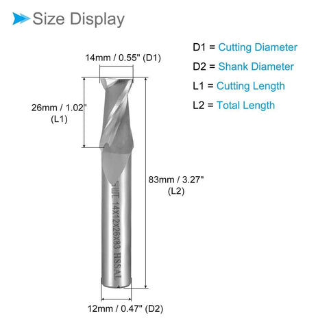 Square Nose End Mill 14mm Diameter 26mm Cut Length 12mm Shank HSS AL 2 Flutes CNC Router Bit Milling Cutter For Aluminum Copper Plastic Pro Grade CoCud with dimensions labeled