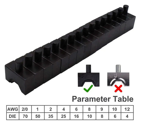Eight interchangeable dies for Beefy 10 Ton Hydraulic Crimping Tool with parameter table for cable lug terminals.