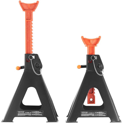 Black and orange 6 Ton Jack Stands With Double Locking Adjustable 14.2 To 23 Inches For SUV UTV, front view.