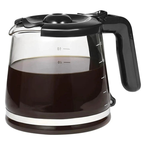 12-cup glass coffee carafe with black plastic handle and lid; side measurement marks.