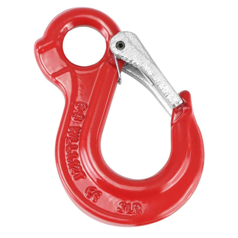 Clevis Slip Hook G80 Rotary Eye Hoist Hook With Lock for Safe Lifting, red forged steel rigging hardware for logging and industrial use.