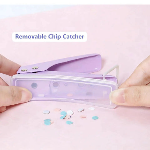 Hands using Heavy Duty Quarter Inch Hole Puncher For Paper And Crafts with see-through chip catcher, displaying confetti from 16 sheet capacity punch