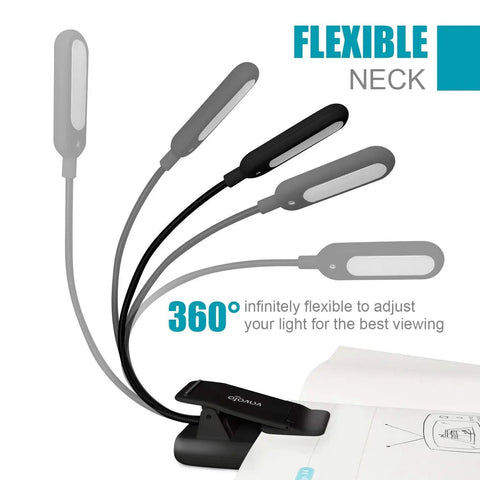 Rechargeable Clip Reading Light With 7 LEDs, 9 Color Temperatures And 9 Levels shown with flexible neck on a desk