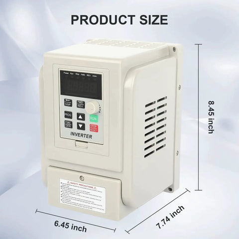 Front view of 220V VFD Inverter for motor speed control, 1.5KW, 50 and 60 Hz, single-phase input, three-phase output, dimensions shown