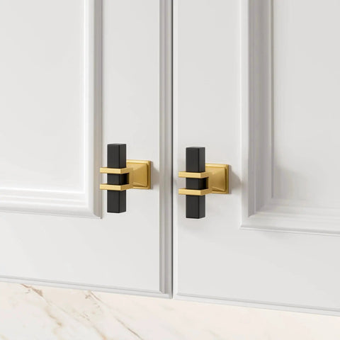 Black And Gold T Bar Cabinet Knobs Set 10 Pack For Kitchen Cabinets And Dressers with zinc alloy base, installed on white cabinets
