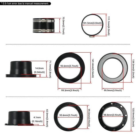 Magnetic Dust Collection Fittings Starter Kit for Woodworking and Shop Vacuums, 4 inch hose connectors, multiple sizes displayed