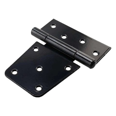 Close-up of a 3.5 inch shed hinge, square black design, heavy-duty iron construction, for barn door, gate, shed application with installation holes.